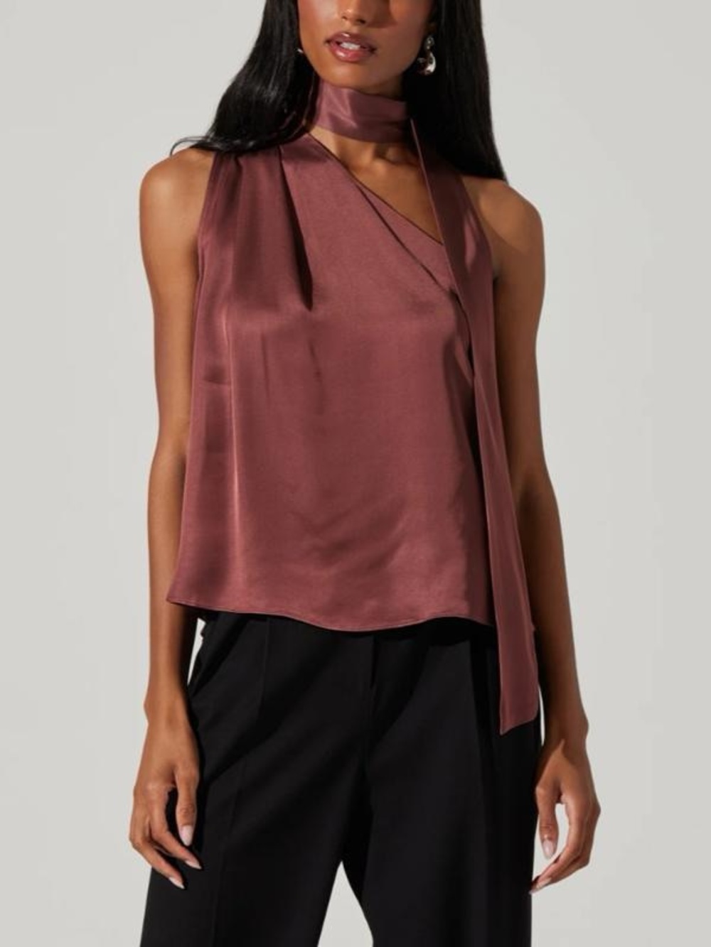 Astr Satin One-Shoulder Sleeveless Camisole with Neck Tie - Mauve